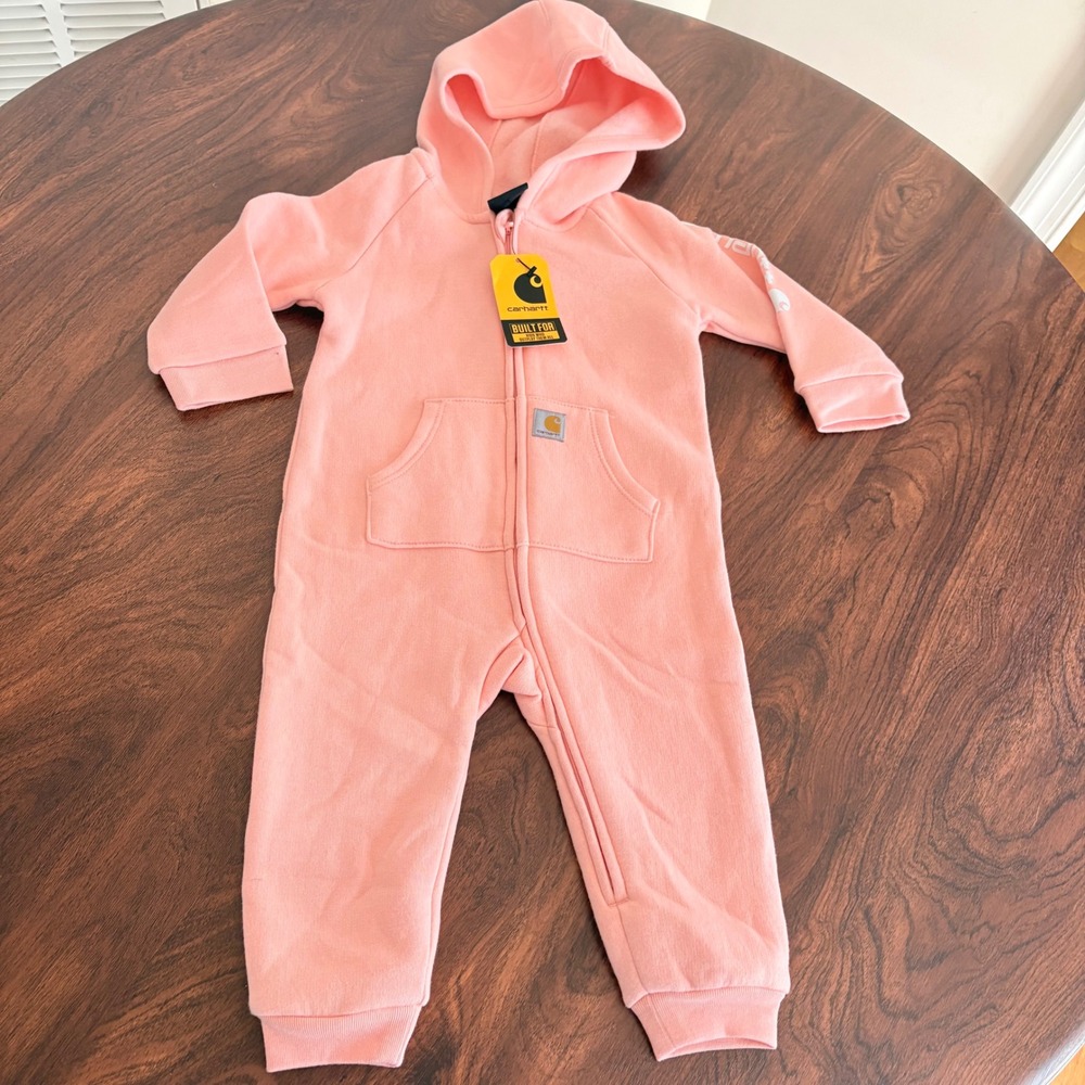 Carhartt Fleece Hooded Coverall Kids Pink size 9M Long Sleeve Zip Front